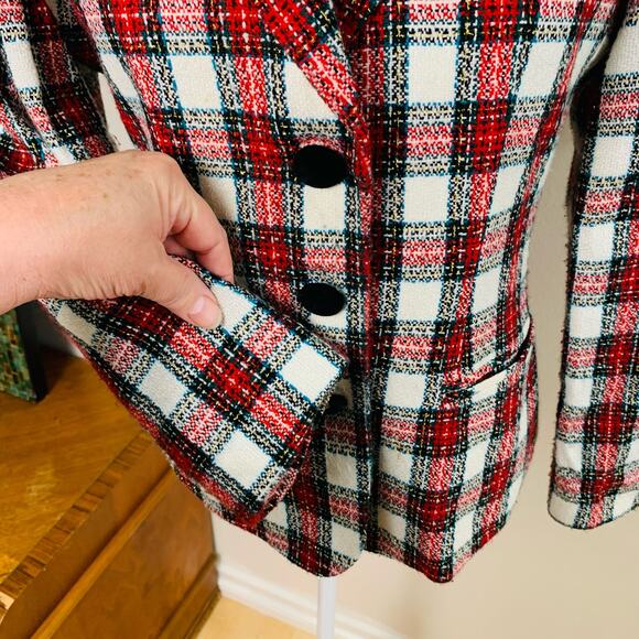 Vintage Size 6P Plaid Blazer Jacket Velvet Red Black Gold Metallic Holiday - Picture 9 of 11